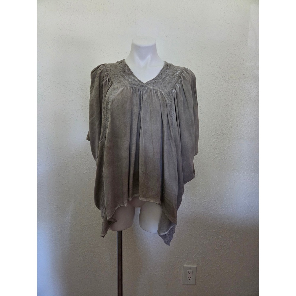 Motto Reino Women Grey Acid Wash Crochet Lace Trim Boho Oversized Blouse Small